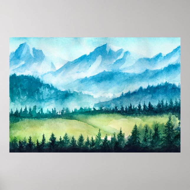 Poster Paisagem das montanhas. Ilustração de Aquarela. (Frente)