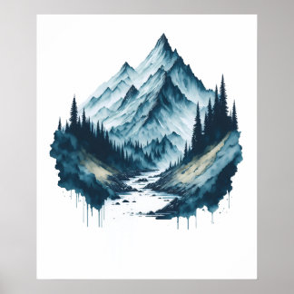 Poster Paisagem das Montanhas Watercolor com Rio