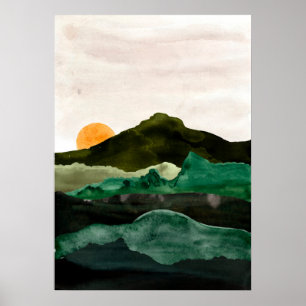Poster Paisagem de abstrato de aquarelas. Arte sunset