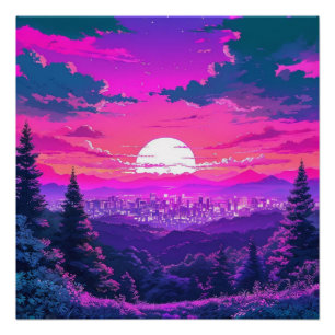 Pôster Paisagem de Anime City Mountain Neon Sunset
