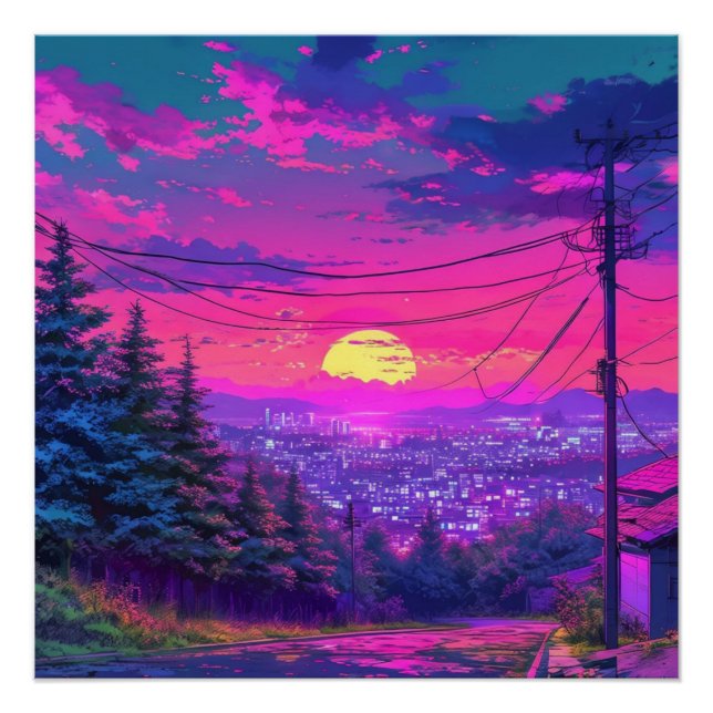 Pôster Paisagem de Anime City Mountain Neon Sunset (Frente)