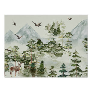 Pôster Paisagem de Aquarela Floresta e Montanhas