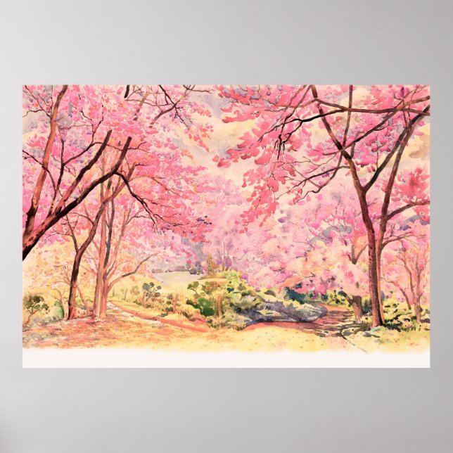 Poster Paisagem de aquarela paisagem rosa flor vermelha d (Frente)