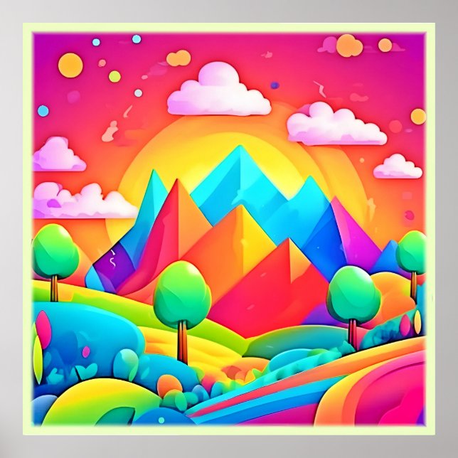 Poster Paisagem de Cartoon Arco-Íris Vibrante (Frente)