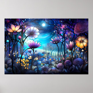 Poster Paisagem de fantasia com abstrato floral | Ai