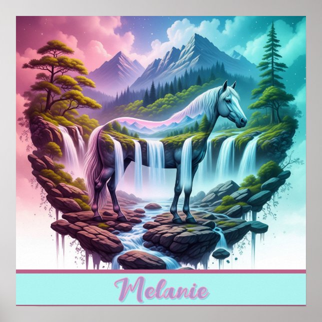 Poster Paisagem de Fantasia da Cascata do Pastel Horse (Frente)