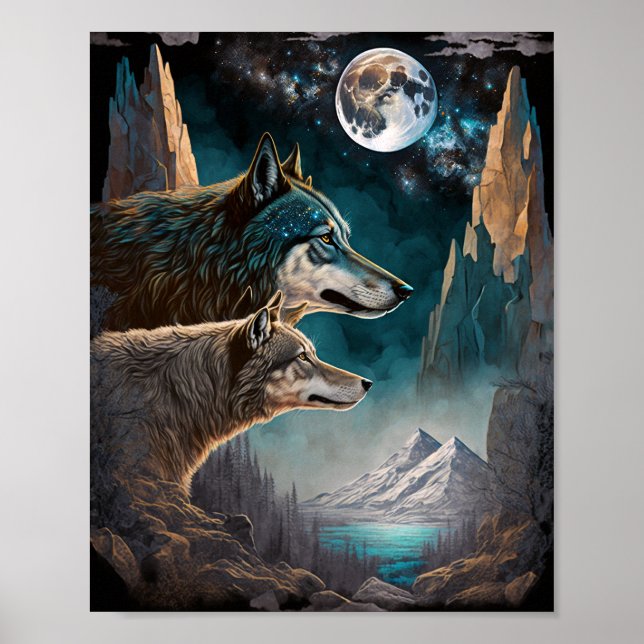Poster Paisagem de Fantasia de Lobos Cheios de Lua (Frente)