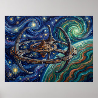 Poster Paisagem de Ficção Científica Noturna Estrelada do