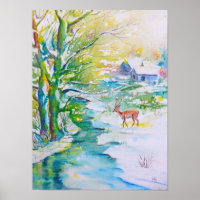 Paisagem de Fluxo de Neve de Pintura em Aquarela