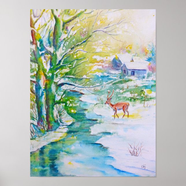Poster Paisagem de Fluxo de Neve de Pintura em Aquarela (Frente)