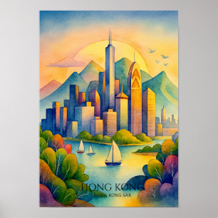 Poster Paisagem de Hong Kong em Aquarela Viagem