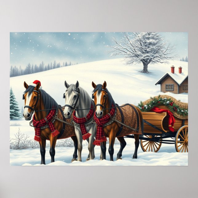 Poster Paisagem de inverno com Cavalos e Cabina (Frente)