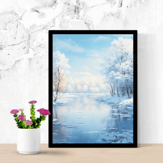Poster paisagem de inverno com lago tranquilo congelado