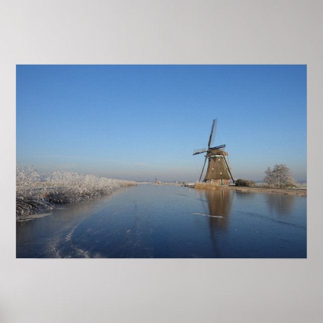 Poster Paisagem de inverno com moinho de vento e gelo (Frente)