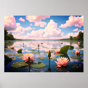 Poster Paisagem de lago com Flores de Água e Nuvens Rosa 