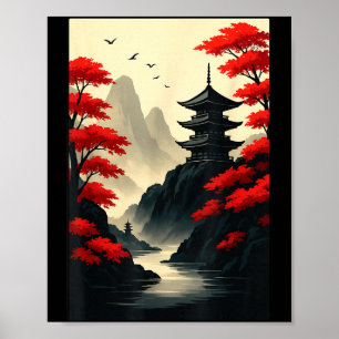 Poster Paisagem de montanha do castelo da pagoda japonesa