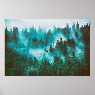 Poster Paisagem de montanha nebulosa com floresta de abet