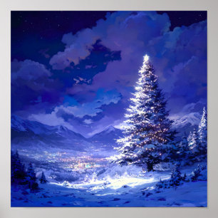 Poster Paisagem de montanha nevada com árvore de Natal br