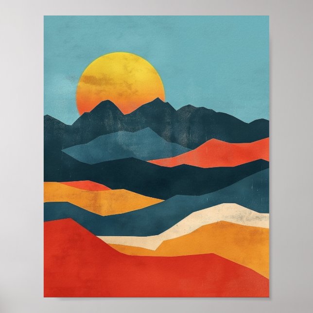 Poster Paisagem de Montanhas Laranja e Azuis (Frente)
