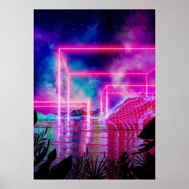 Poster Paisagem de neon palms: Cubo (Frente)