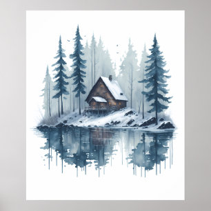 Poster Paisagem de Neve Aquarela com Cabina Lakeside