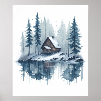 Poster Paisagem de Neve Aquarela com Cabina Lakeside
