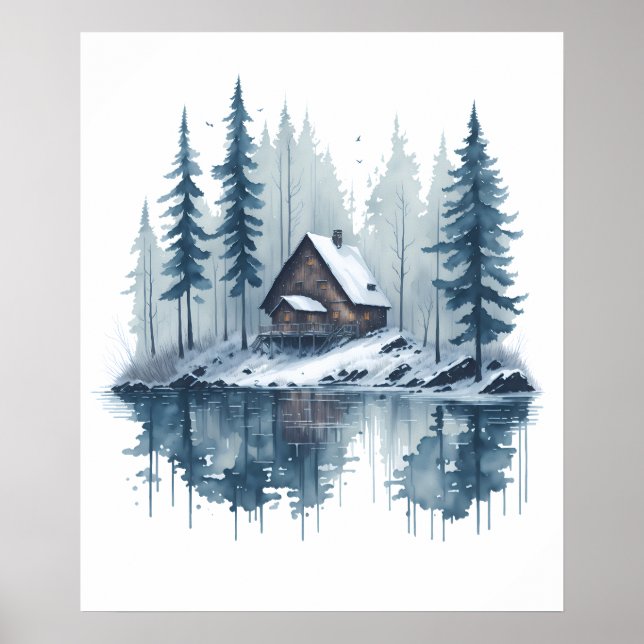 Poster Paisagem de Neve Aquarela com Cabina Lakeside (Frente)