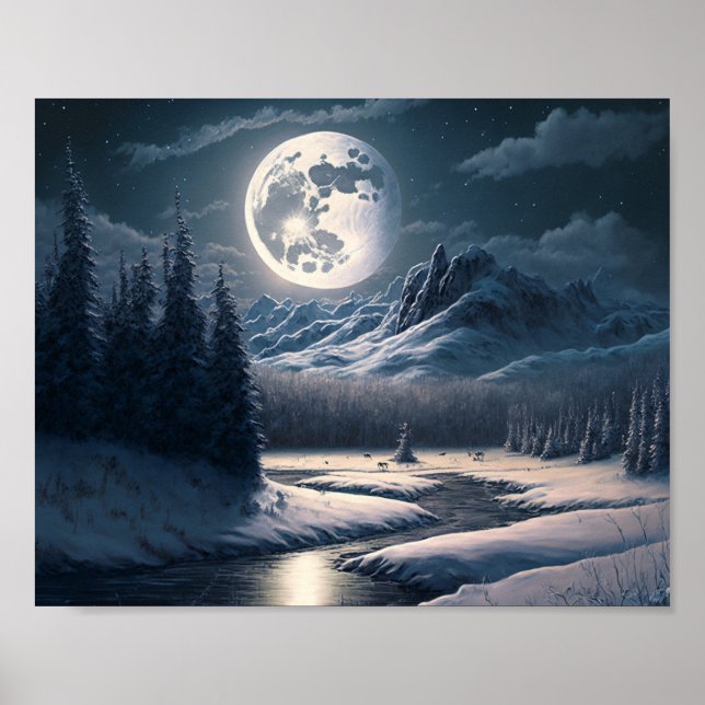 Poster Paisagem de neve com lua cheia (Frente)
