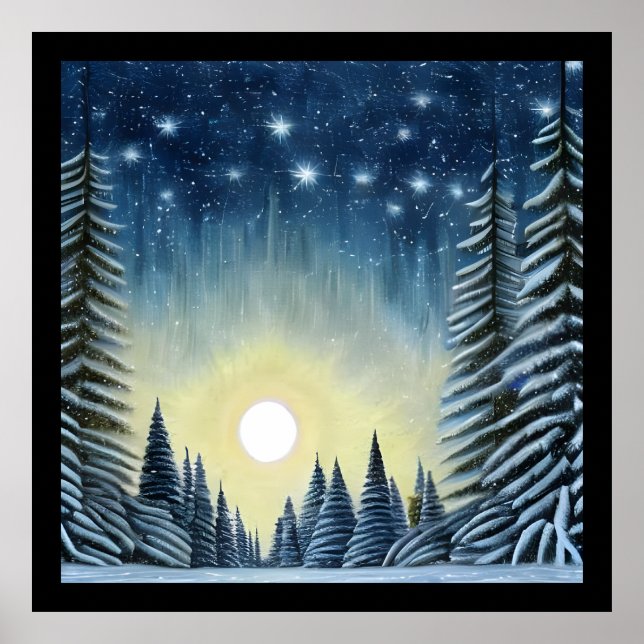 Poster Paisagem De Neve Evergreen Lua Sob As Estrelas Not (Frente)