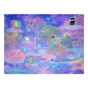 Pôster Paisagem de Nuvens Vaporwave com Janelas Flutuante