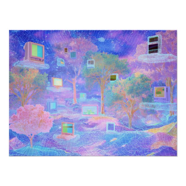 Pôster Paisagem de Nuvens Vaporwave com Janelas Flutuante (Frente)