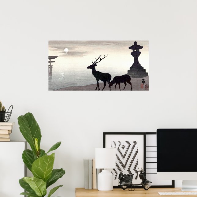 Poster Paisagem de Ohara Koson com Deer (Escritório em casa)