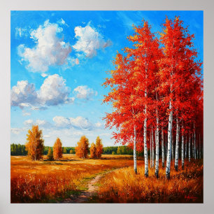 Poster Paisagem de Outono Vibrante com Árvores Vermelhas 