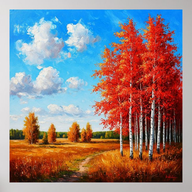 Poster Paisagem de Outono Vibrante com Árvores Vermelhas  (Frente)
