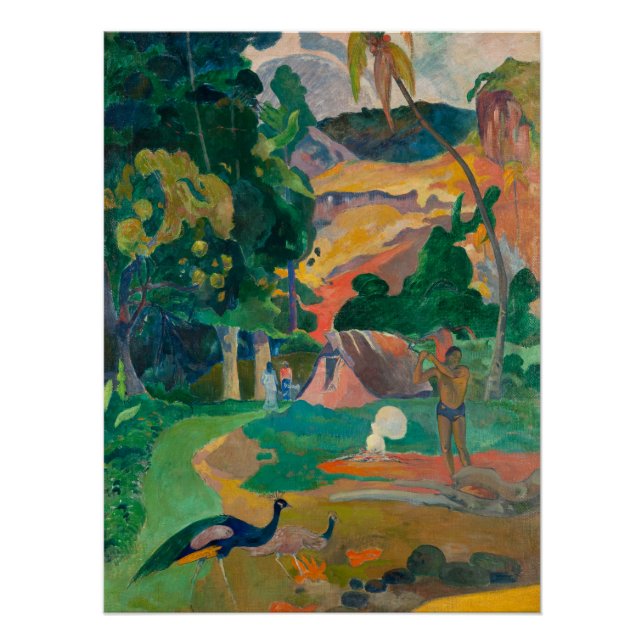 Pôster Paisagem de Paul Gauguin Matamoe com Peacocks (Frente)