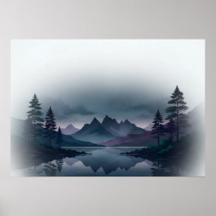 Poster Paisagem de pinheiros e lago roxo azulado enevoado