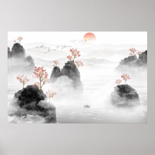Poster Paisagem de Pintura de Concepção Artística Chinesa (Frente)