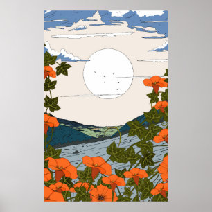 Poster Paisagem de prado de flores silvestres lindas