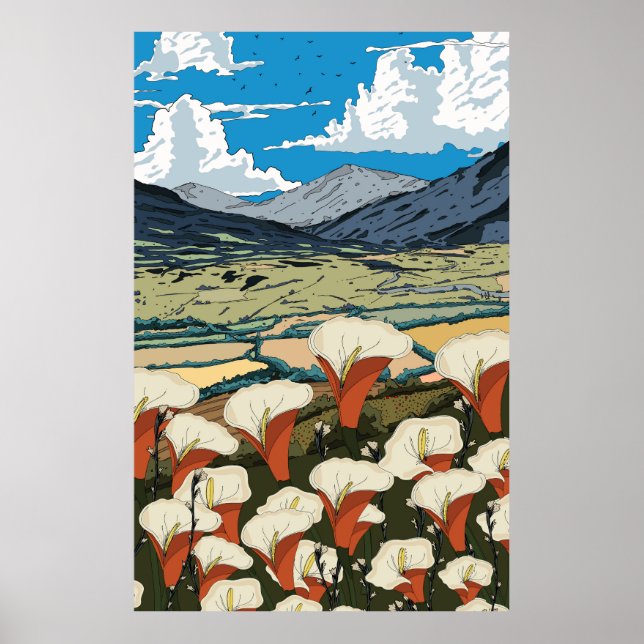 Poster Paisagem de prado de flores silvestres lindas (Frente)