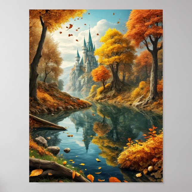 Poster Paisagem de queda com castelo mágico e rio (Frente)