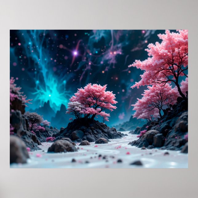 Poster Paisagem de Sonho Mágica Com Árvores Rosa Luminosa (Frente)