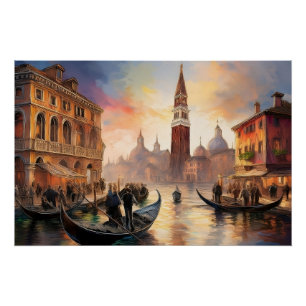 Pôster Paisagem de Veneza com Gondolas e San Marco  