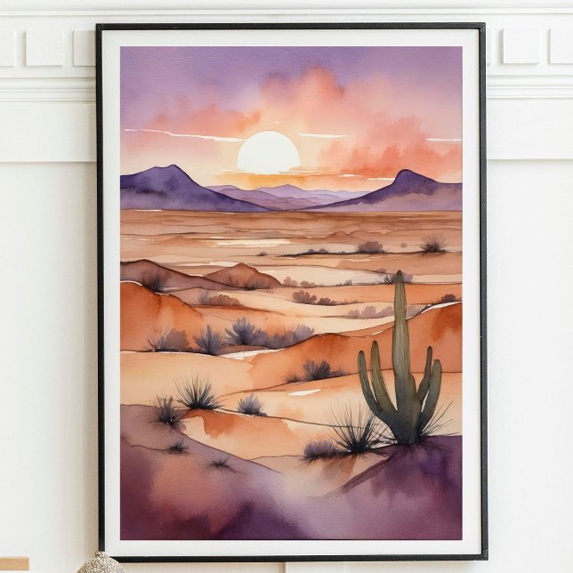 Poster Paisagem do Deserto com Aquarela com Sunset e Cact (Criador carregado)