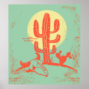 Poster Paisagem do deserto com Cactus e crânio de vaca. V