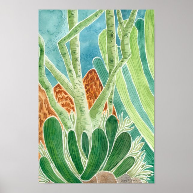 Poster Paisagem Do Deserto Com Cactus Watercolor Impressã (Frente)