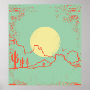 Poster Paisagem do Deserto Vintage com Cactus e Canyon.