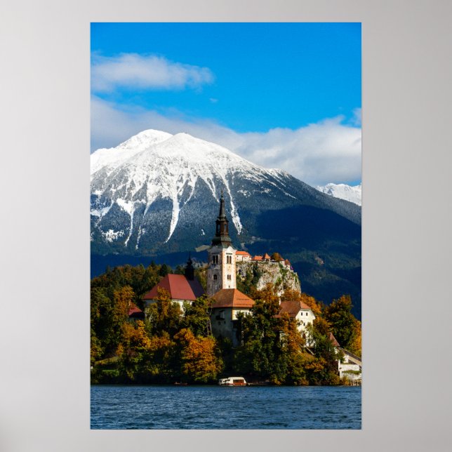 Pôster Paisagem do Lago Bled no outono (Frente)