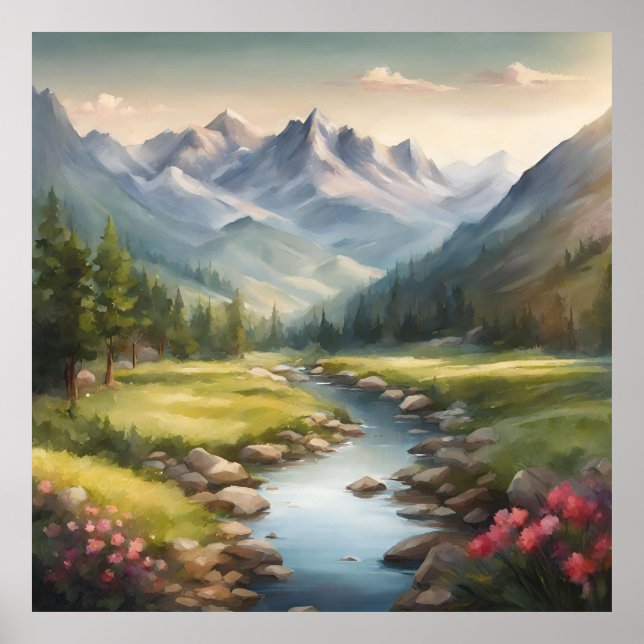 Poster Paisagem do rio Watercolor Mountain (Frente)