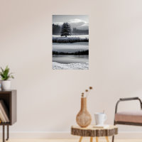 Paisagem e árvore de inverno, preto e branco - art