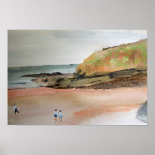 Poster Paisagem em aquarela da costa de Bude Cornwall Rei